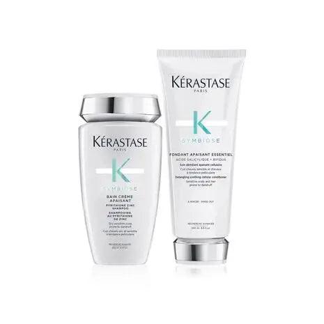 Kérastase Symbiose Routine for fine to medium hair prone to dandruff, featuring Bain Crème Apaisant and treatment tube.