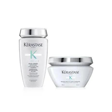 Kérastase Symbiose hair care set for medium to thick hair, featuring shampoo and mask targeting dandruff and moisture replenishment.