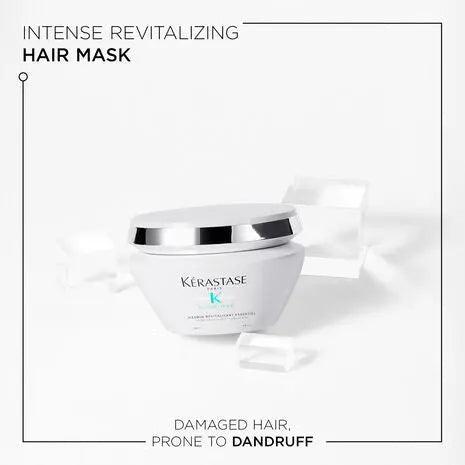 Intense revitalizing hair mask for damaged hair prone to dandruff, featuring a sleek white jar design.