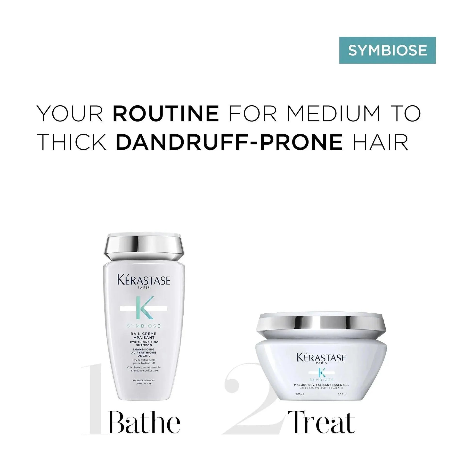 Routine for medium to thick dandruff-prone hair featuring Kerastase products: Bathe shampoo and Treat conditioner.
