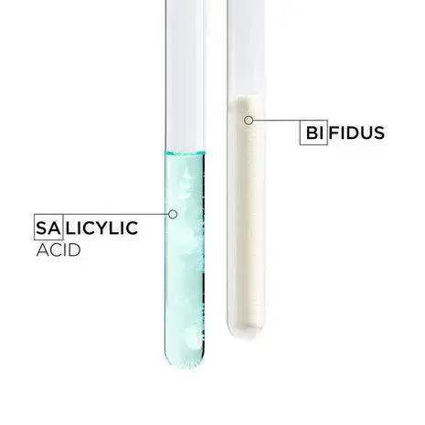 Test tubes showing Salicylic Acid and Bifidus ingredients for skincare benefits.