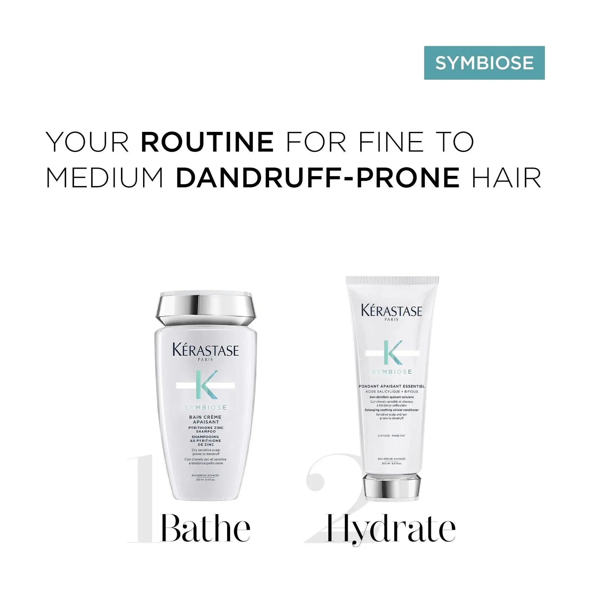 Kerastase Symbiose products for fine to medium dandruff-prone hair, featuring Bathe and Hydrate routines.