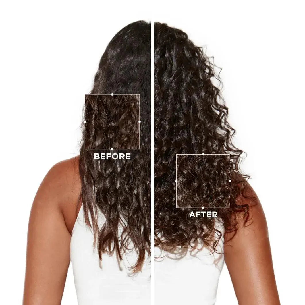 Before and after comparison of hair revitalized with Symbiose Sérum Nuit Intensif for enhanced curl definition.