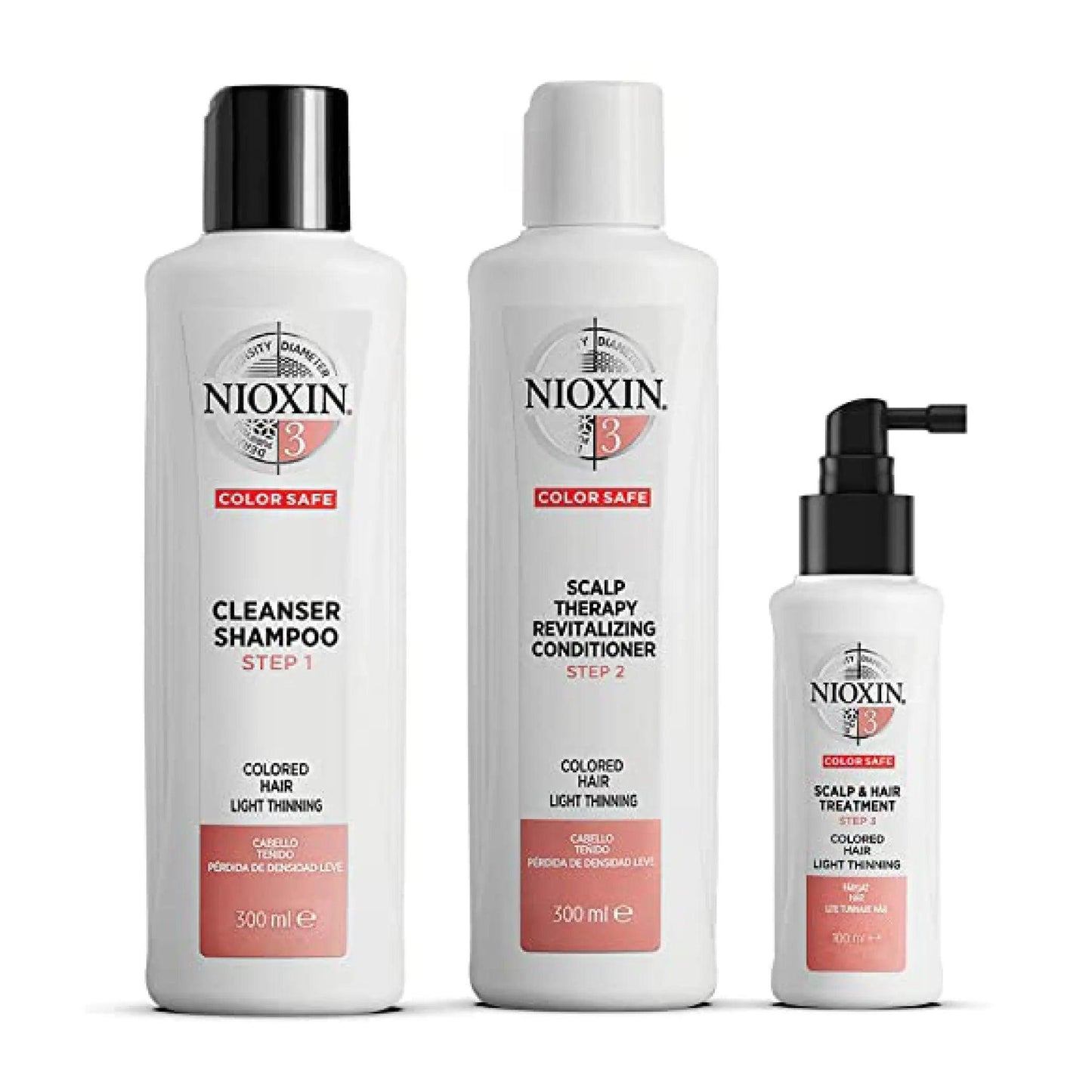 Nioxin System Kit 3 for color-treated hair, includes cleanser shampoo, conditioner, and scalp treatment for light thinning.