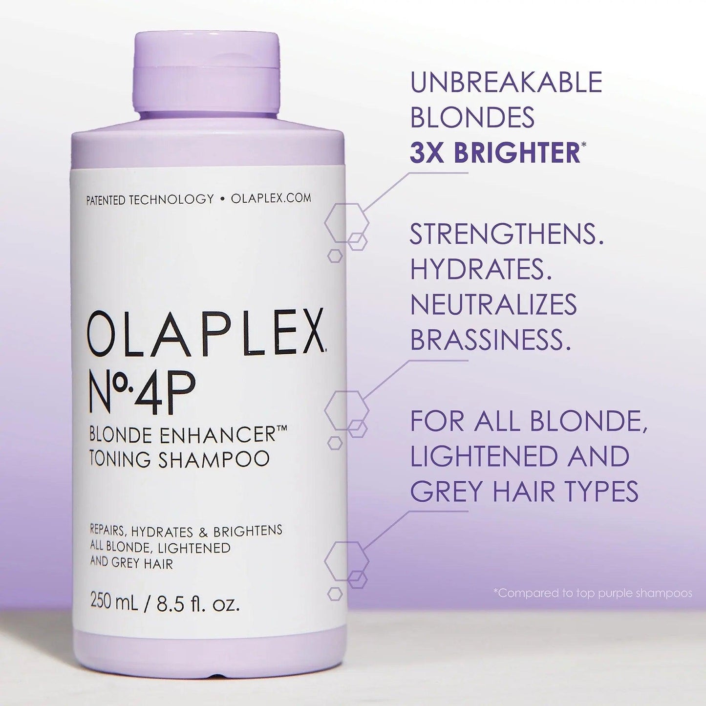 OLAPLEX No.4P blonde enhancer toning shampoo for strong, hydrated, and brassiness-free blonde and grey hair.
