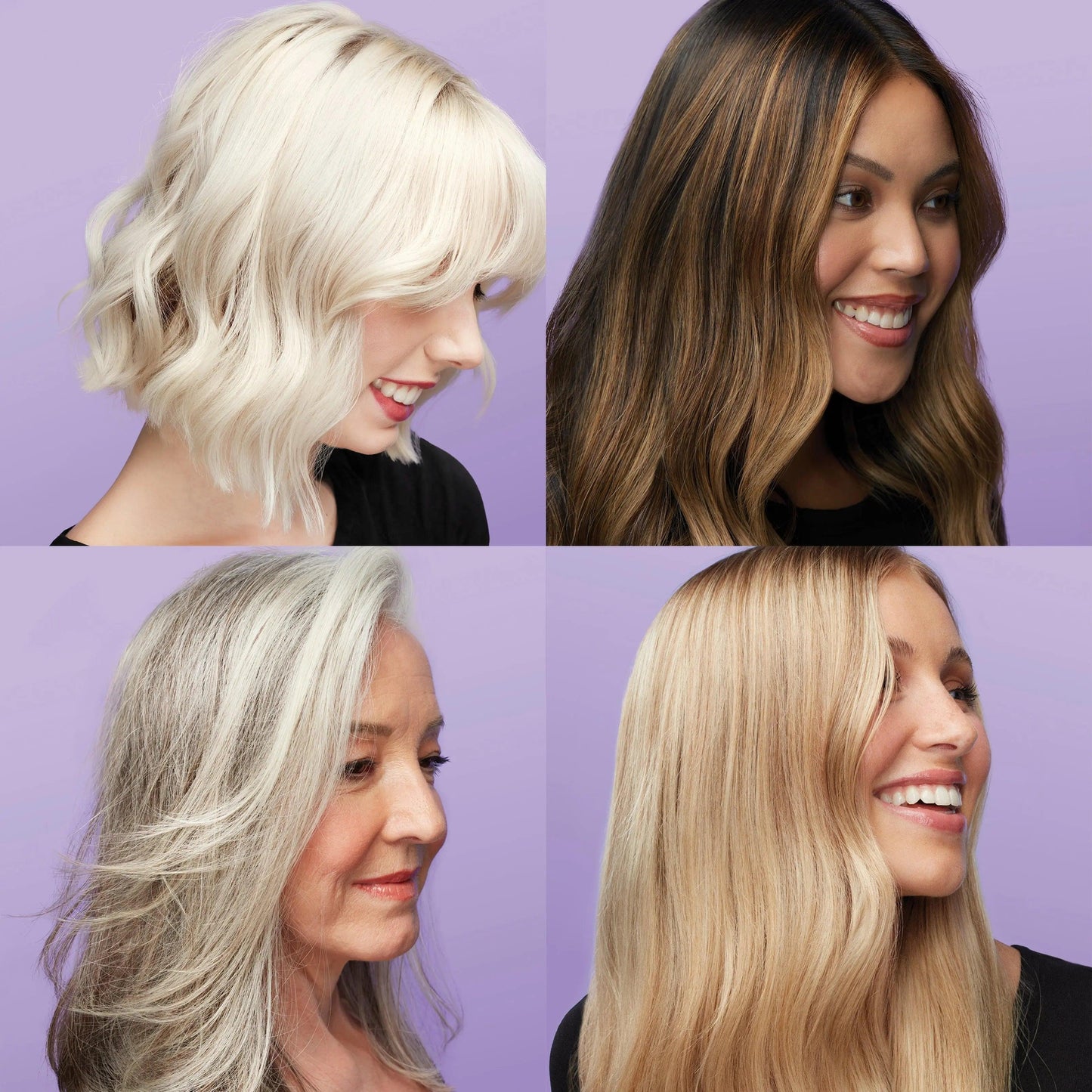 Diverse women showcasing vibrant blonde and grey hairstyles using the Blonde Maintenance System products.