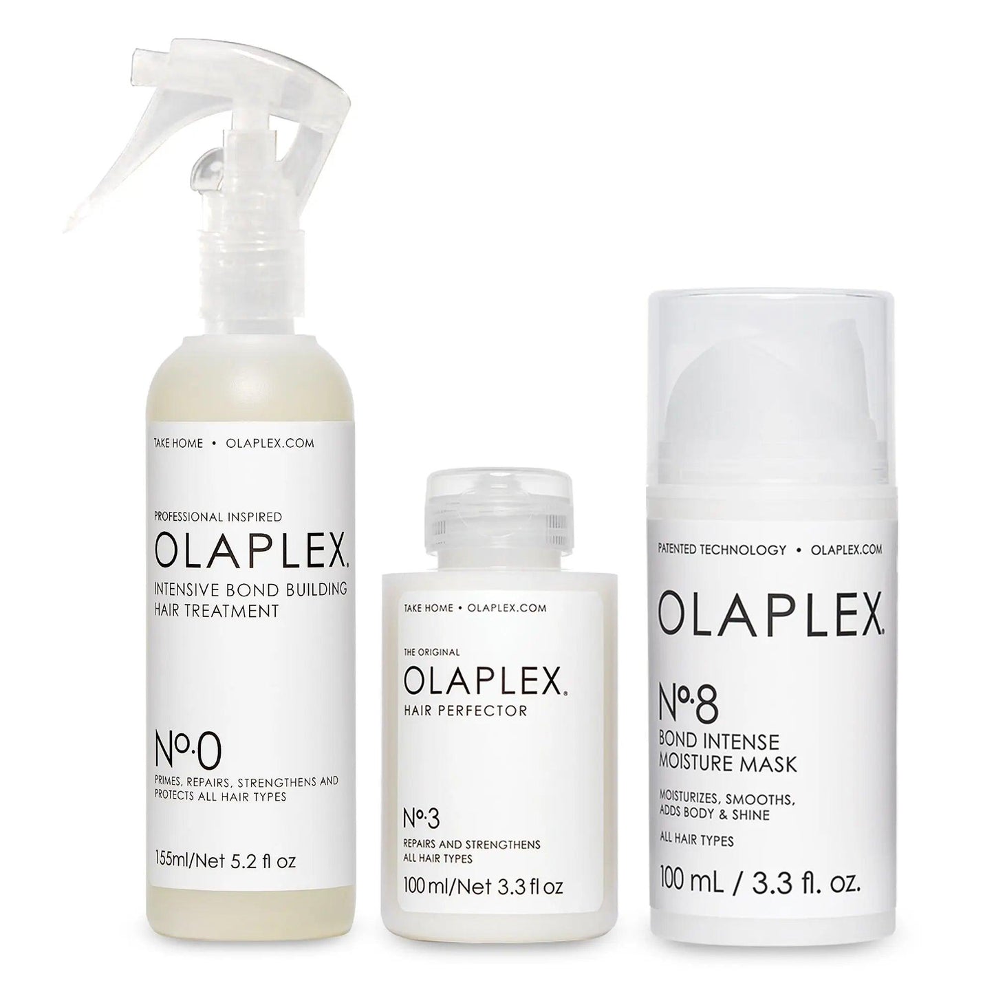 The Bond Treatment System by Olaplex featuring Nº.0, Nº.3, and Nº.8 for intense hair repair and moisture.