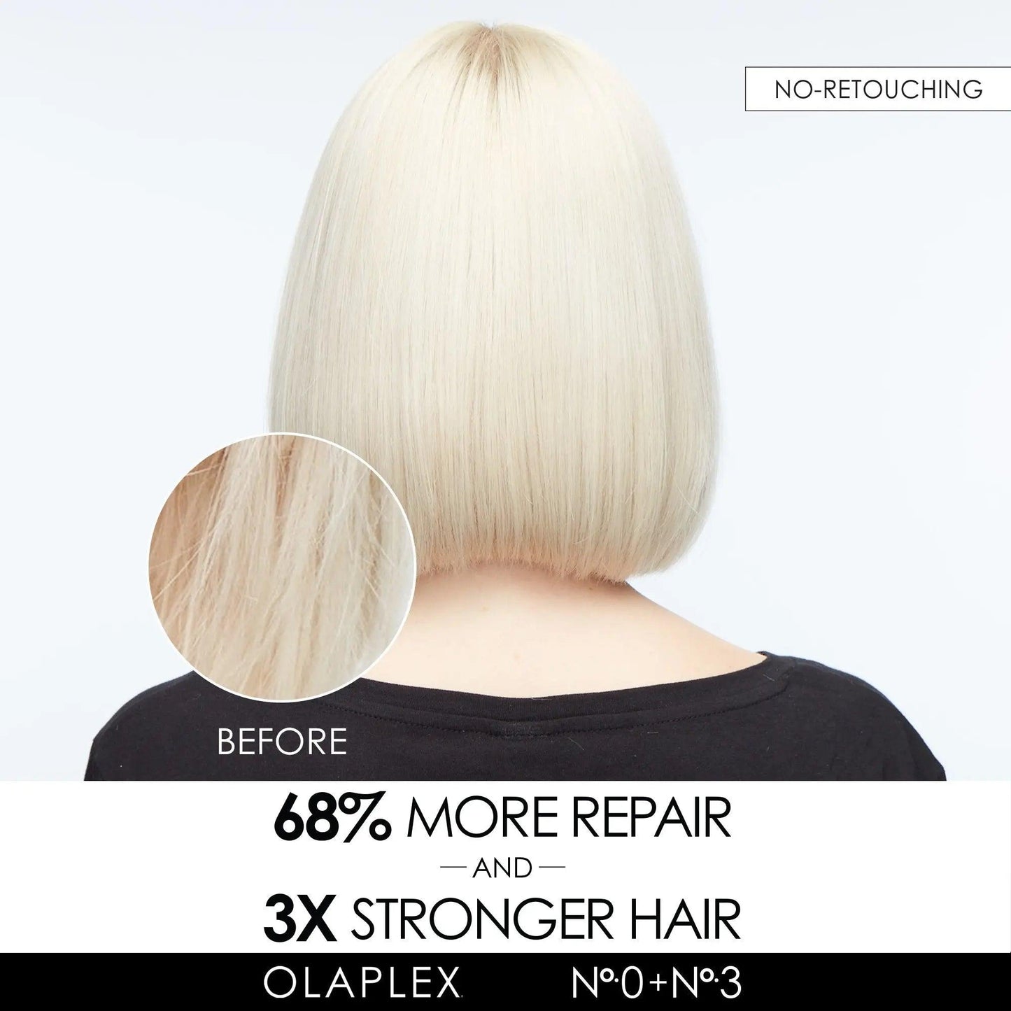 Before treatment image showing hair with 68% more repair and 3X stronger results using Olaplex N°0 and N°3.