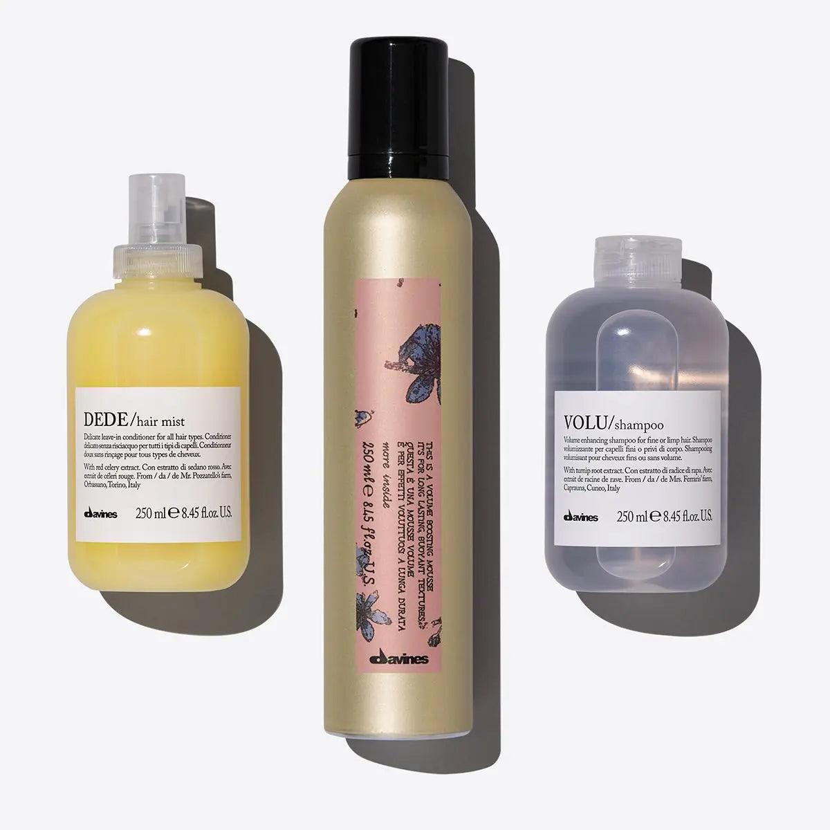 Davines The Soft Volume Set featuring DEDE Hair Mist, VOLU Shampoo, and Volume Boosting Mousse for volumizing hair.