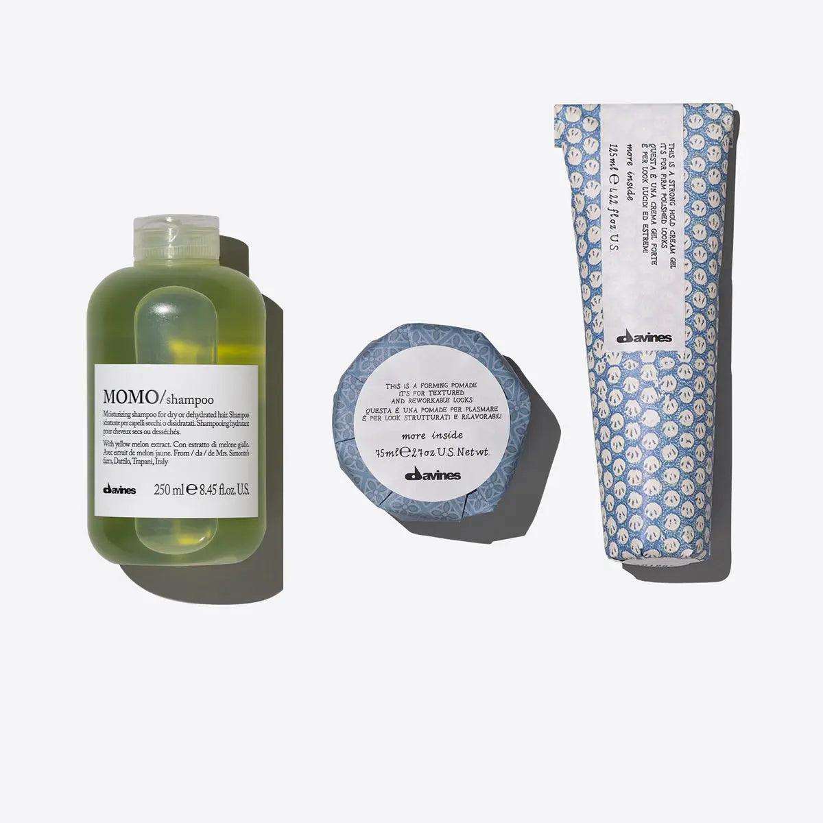 Davines Momo shampoo, forming pomade, and strong hold gel for styling short hair in a Workable Texture Set.