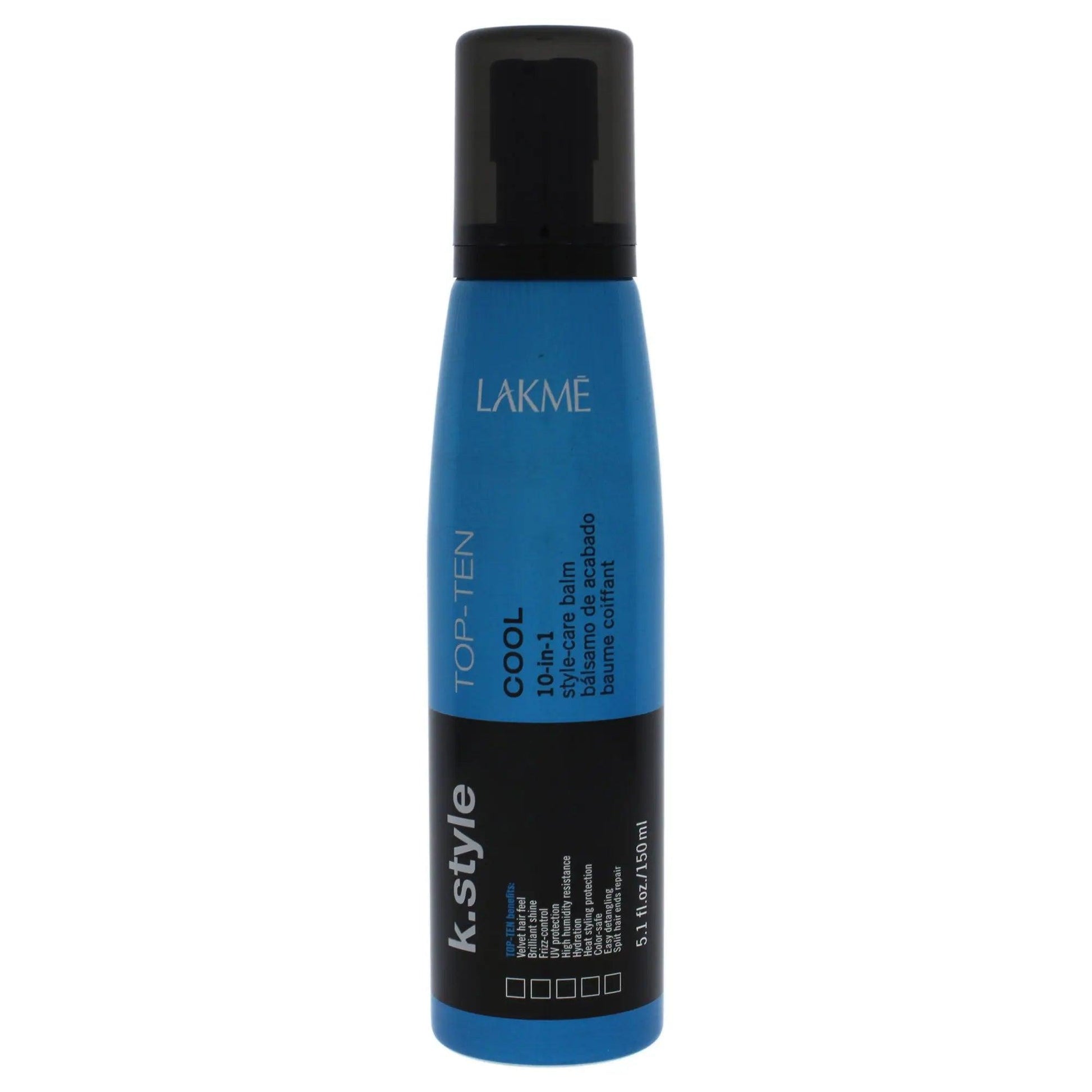Top-ten Style Care Balm by Lakmé in a sleek blue bottle, offering protection and shine for healthy, styled hair.
