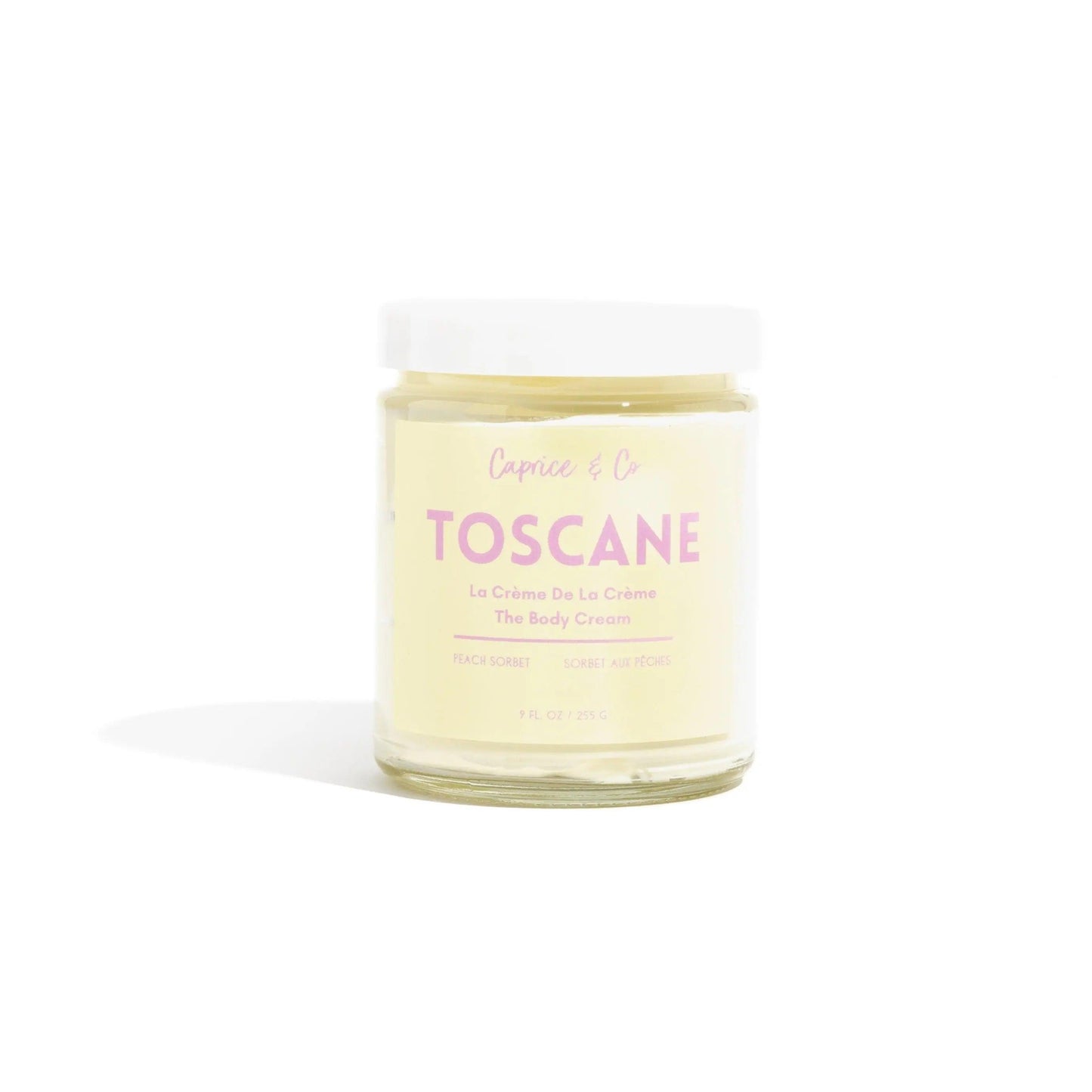 Toscane body cream in glass jar, peach sorbet scent, moisturizing with natural ingredients, 9 fl oz.