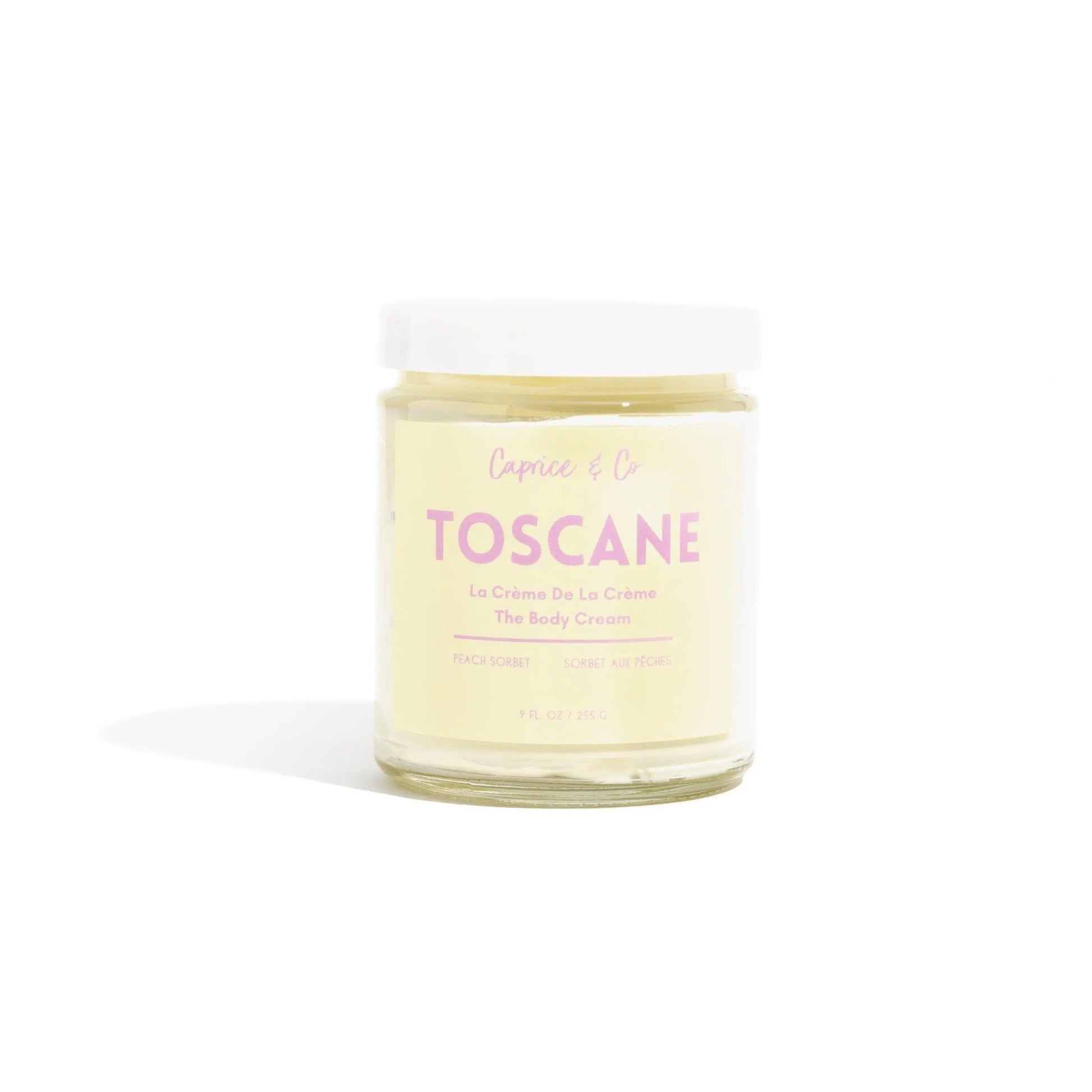 Toscane body cream in glass jar, peach sorbet scent, moisturizing with natural ingredients, 9 fl oz.