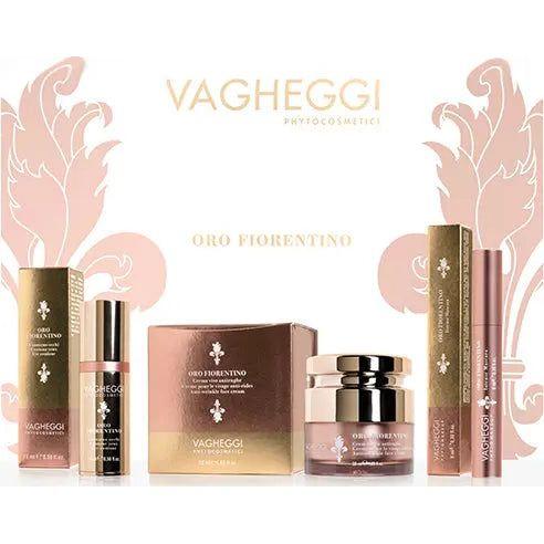 Trio Oro Fiorentino skincare set featuring anti-wrinkle cream, eye serum, and intense mascara by Vagheggi.