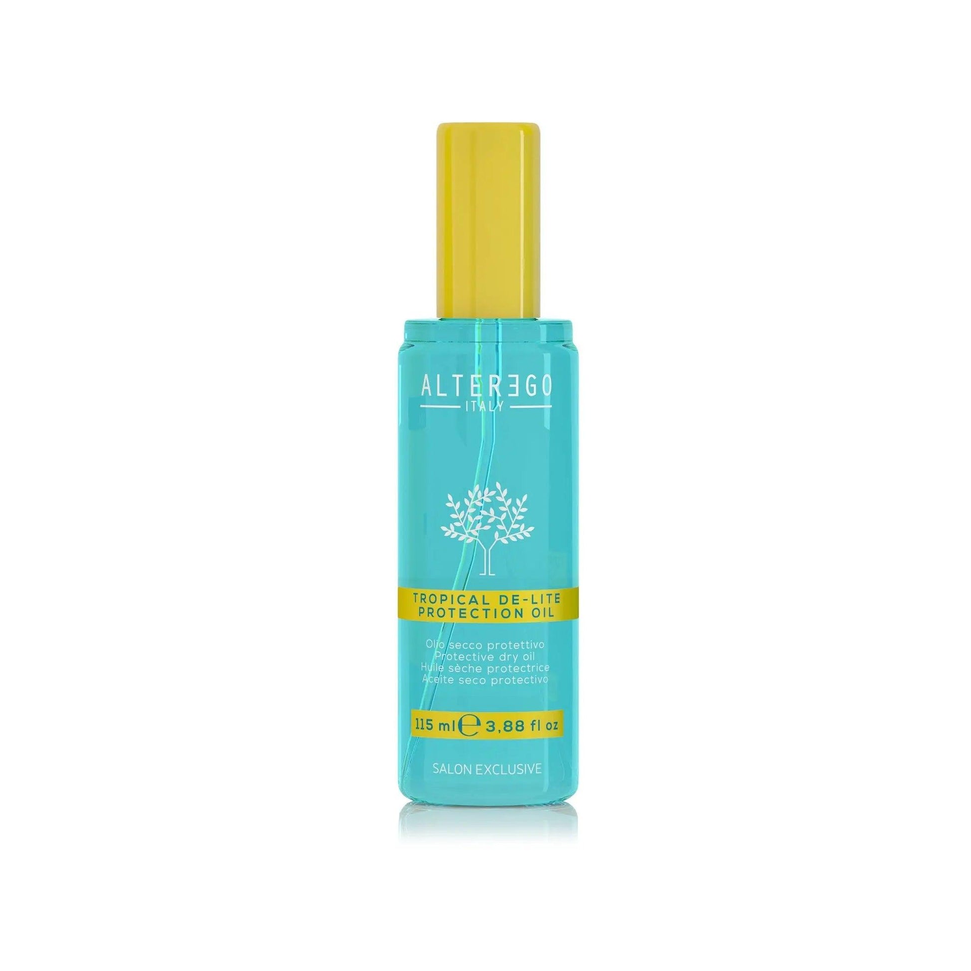 Tropical De-lite Oil in a turquoise bottle with a yellow cap, providing sun protection and shine for silky, frizz-free hair.