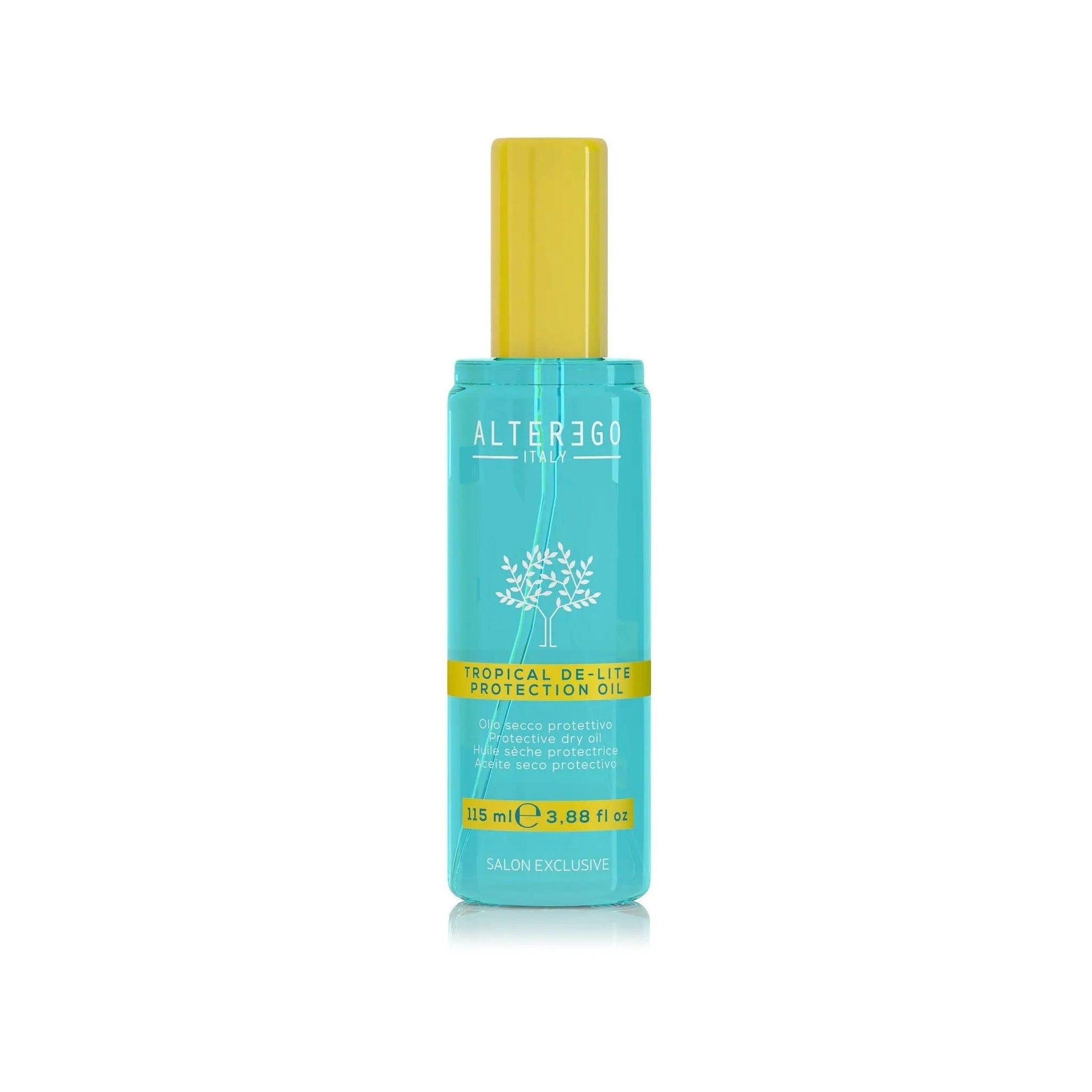 Tropical De-lite Oil by Alterego in a blue bottle, providing hair protection and a frizz-free finish.