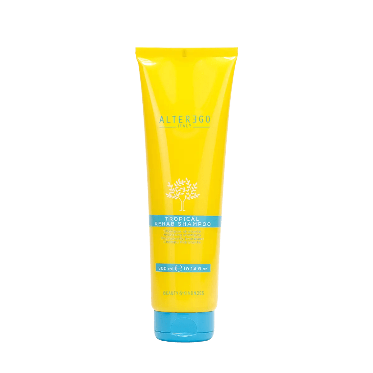 Tropical Rehab Shampoo by Alter Ego in a bright yellow tube, designed for gentle cleansing and hydration after sun exposure.
