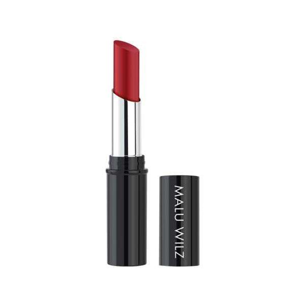 Malu Wilz True Matt Lipstick in bold red, showcasing its luxurious matte finish and elegant packaging.