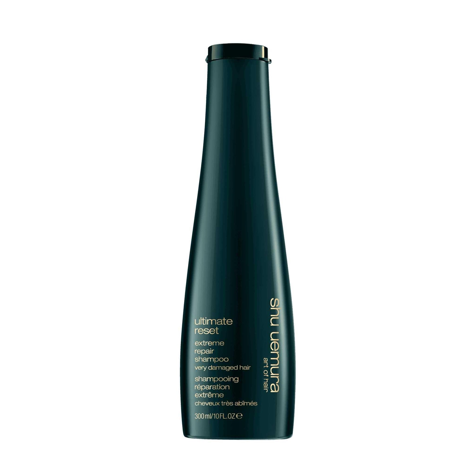 Shu Uemura Ultimate Reset Shampoo bottle designed for extremely damaged hair and gentle cleansing.