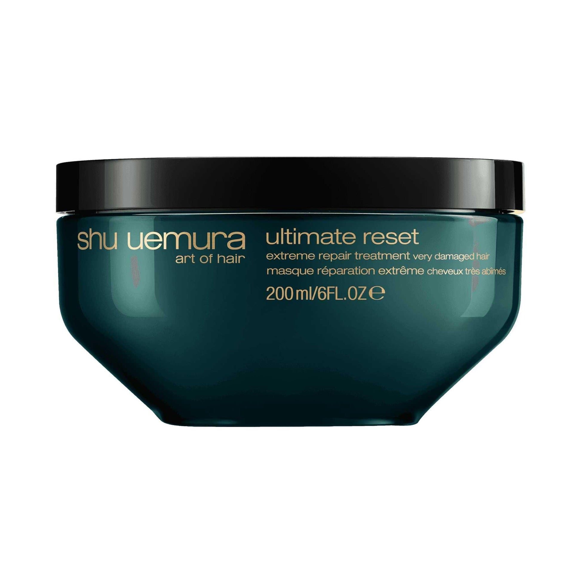 Shu Uemura Ultimate Reset Treatment for severely damaged hair in a 200ml jar, designed for deep hydration and repair.
