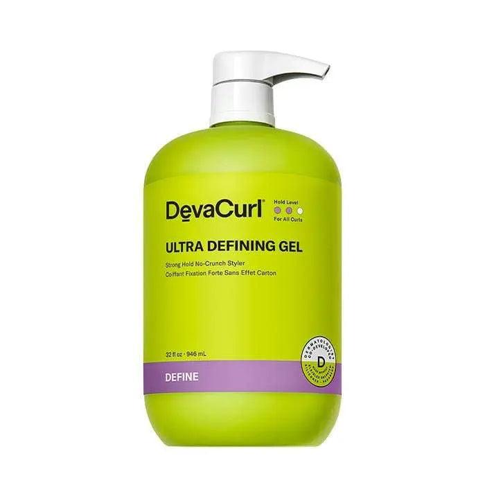 Devacurl Ultra Defining Gel Strong Hold No-Crunch Styler in a vibrant green bottle, 32 oz size.