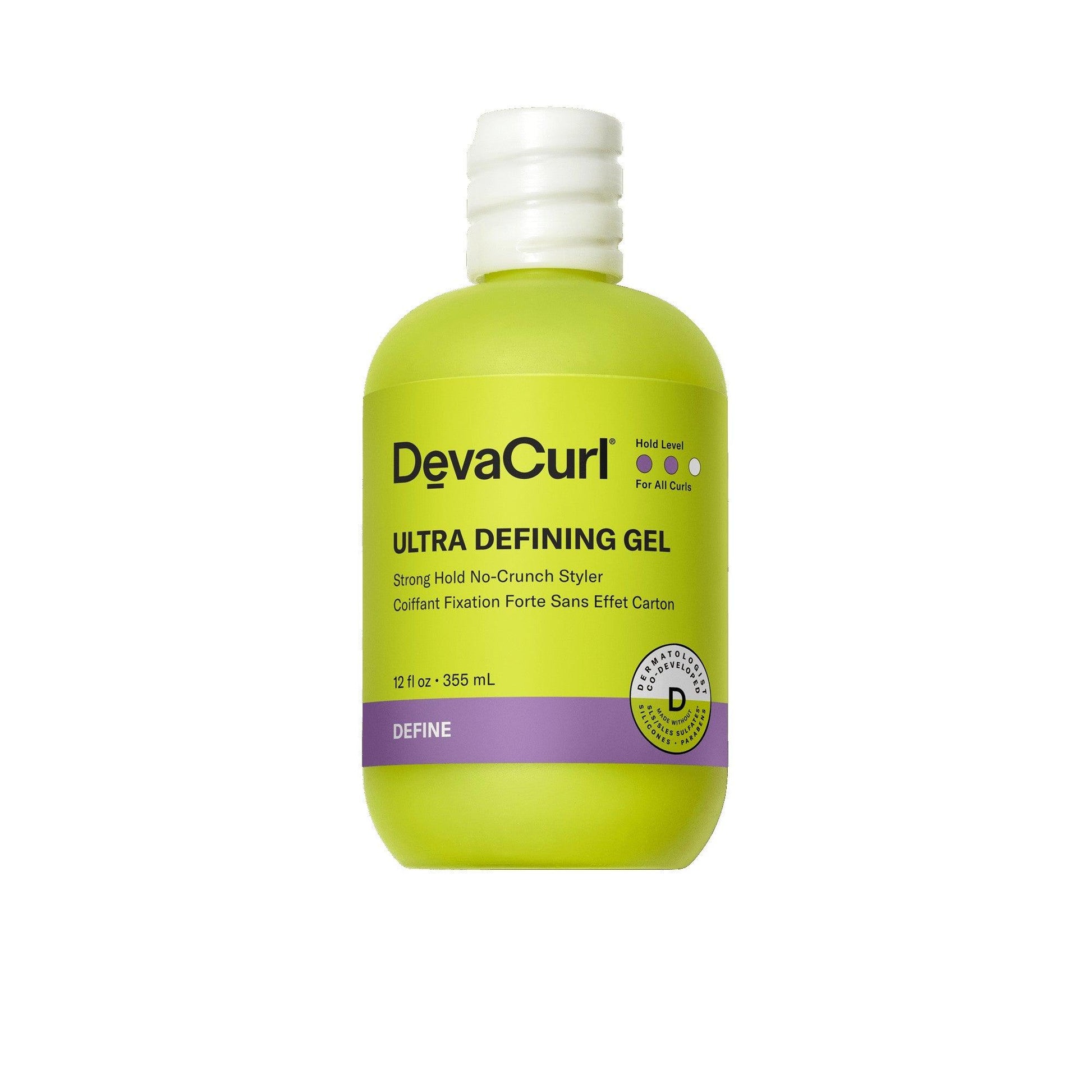 DevaCurl Ultra Defining Gel Strong Hold No-Crunch Styler bottle, 12 fl oz, vibrant green packaging for curl definition.