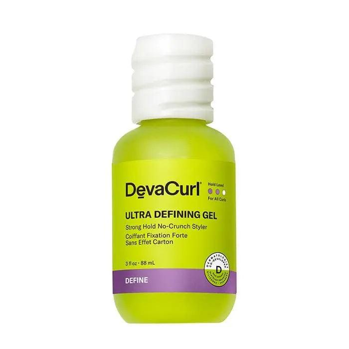 Devacurl Ultra Defining Gel Strong Hold No-Crunch Styler in a green bottle, perfect for defining and enhancing curls without crunch.
