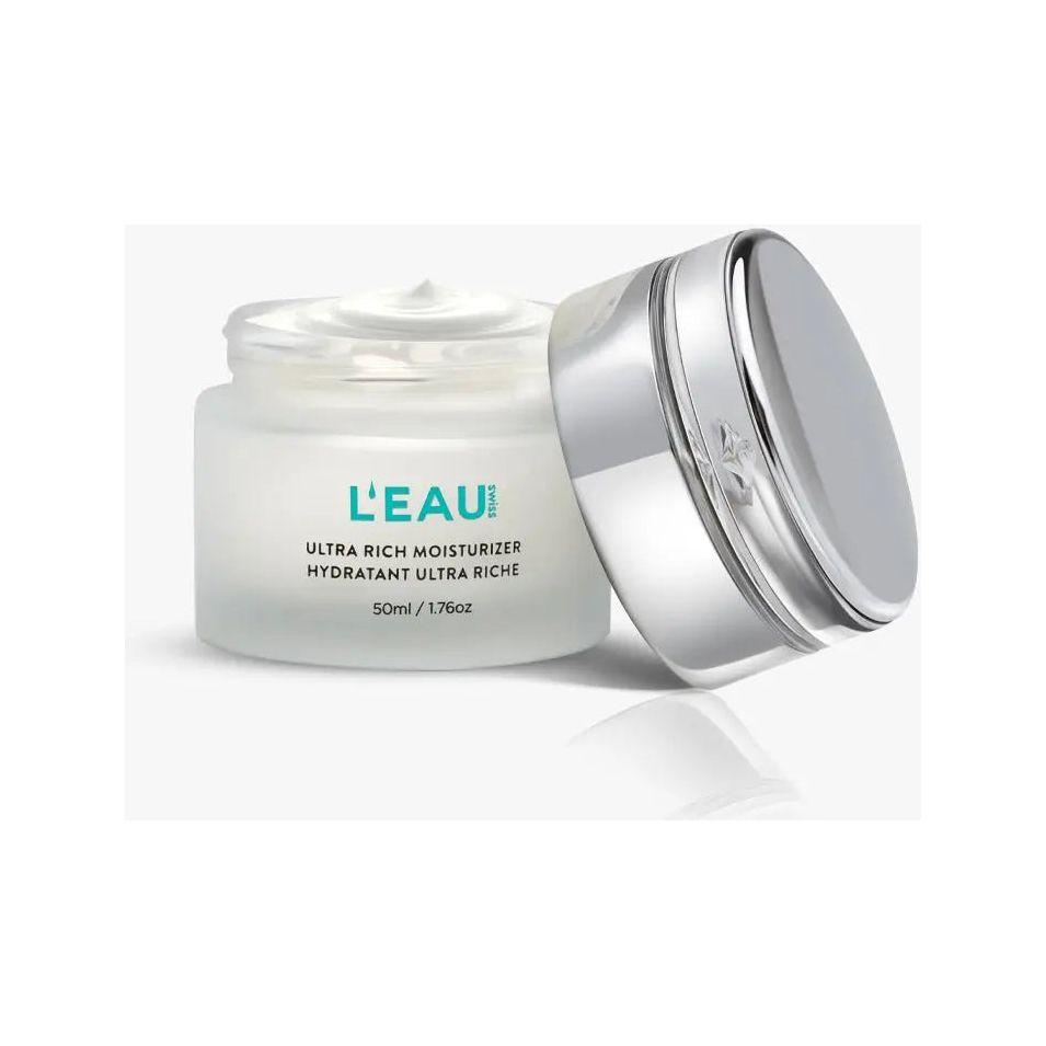 Ultra-rich moisturizer in a glass jar, featuring a sleek silver lid and labeled 'L'Eau', perfect for intense skin hydration.