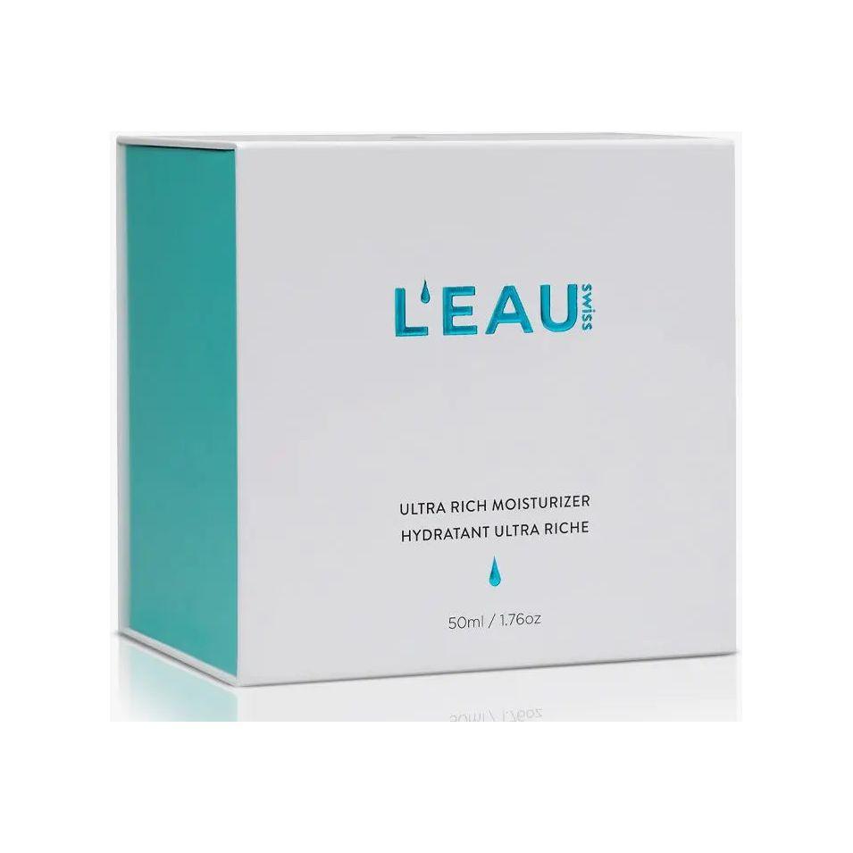 Ultra-rich moisturizer box design featuring L'eau brand, 50ml size for intense skin hydration.