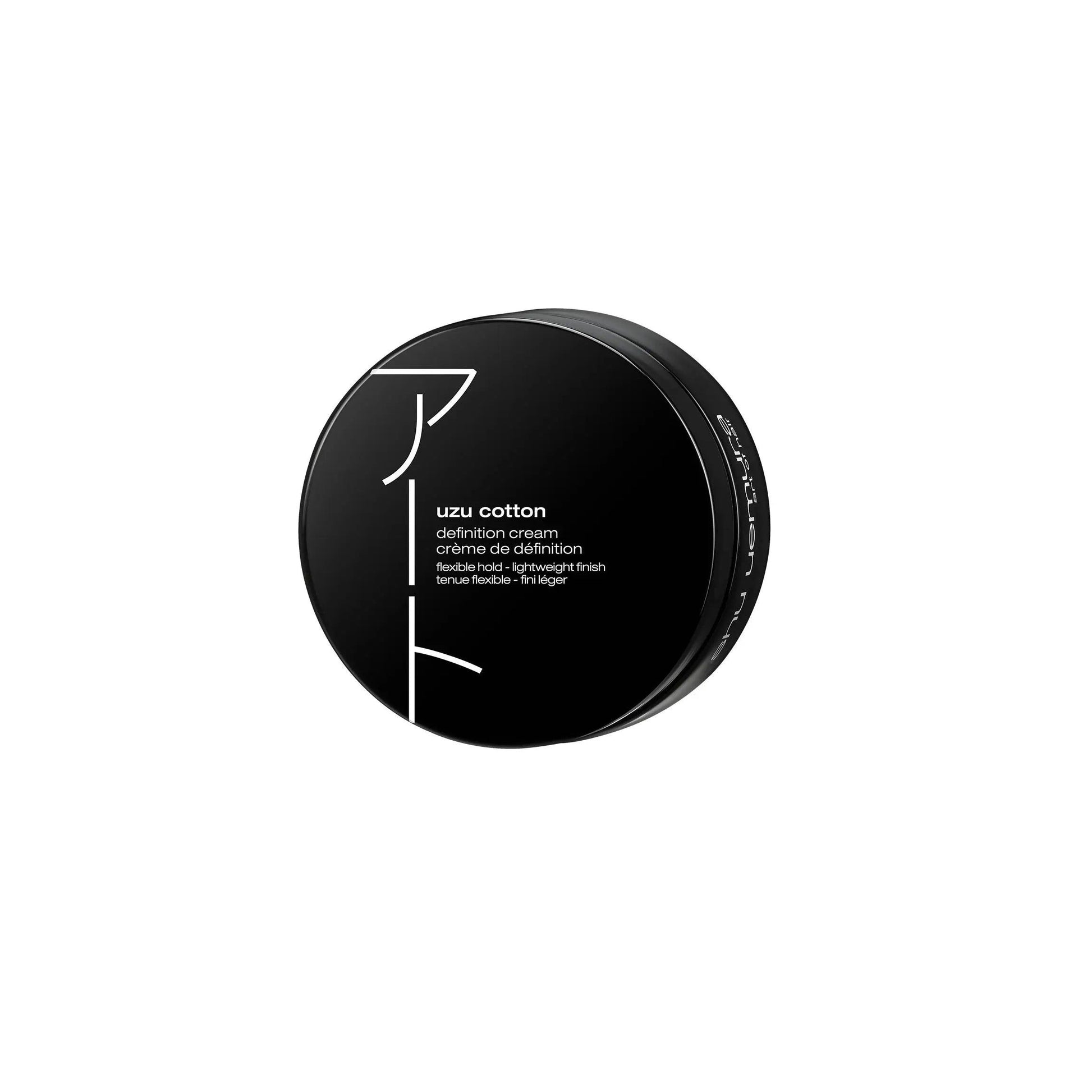 Uzu Cotton Definition Cream in a sleek black container, ideal for lightweight shine and frizz control for all hair types.