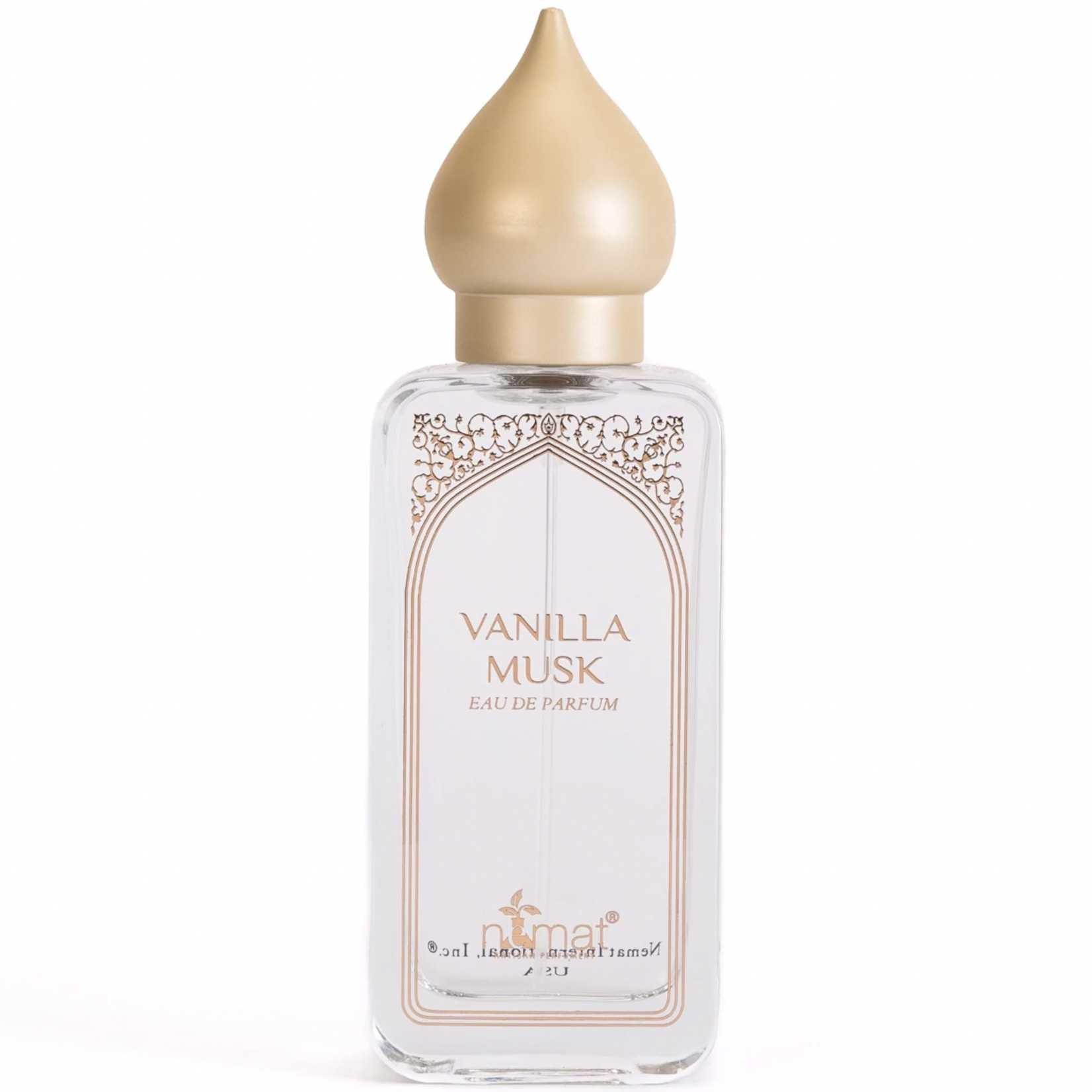 Elegant bottle of Vanilla Musk Eau De Parfum Spray with a gold top, showcasing a sweet and musky fragrance.