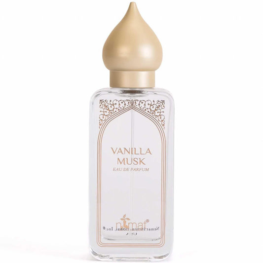 Elegant bottle of Vanilla Musk Eau De Parfum Spray with a gold top, showcasing a sweet and musky fragrance.