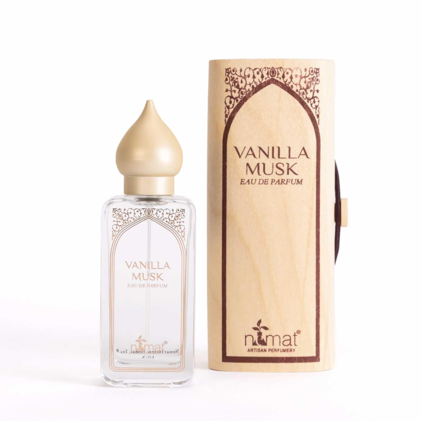 Vanilla Musk Eau De Parfum spray bottle with unique wooden packaging showcasing the brand and fragrance name.