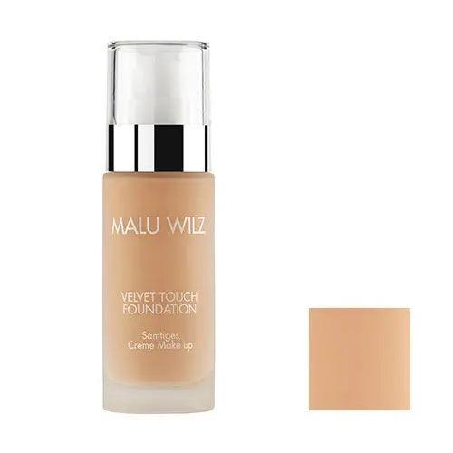 Malu Wilz Velvet Touch Foundation 30ml bottle with swatch, luxurious lightweight formula for a flawless complexion.