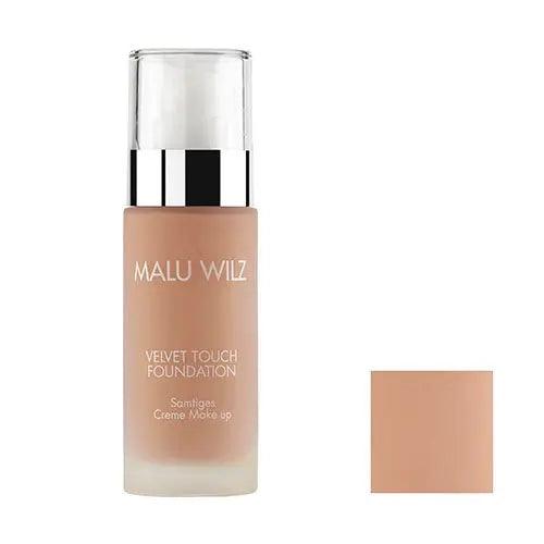 Malu Wilz Velvet Touch Foundation 30ml bottle with swatch for a smooth, flawless complexion.