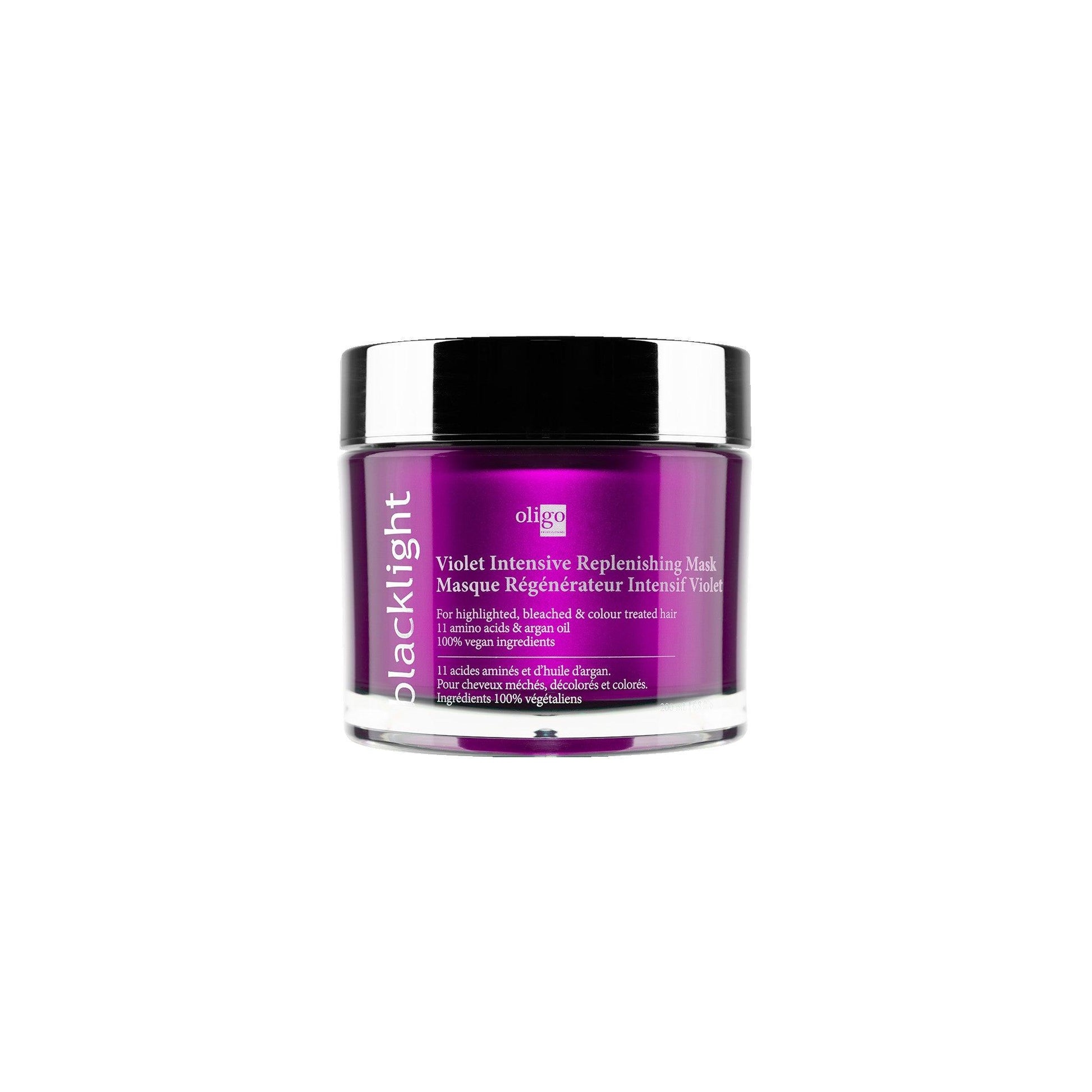 Violet Intensive Replenishing Mask by Blacklight in a round jar, designed for hydrating and toning blonde hair.