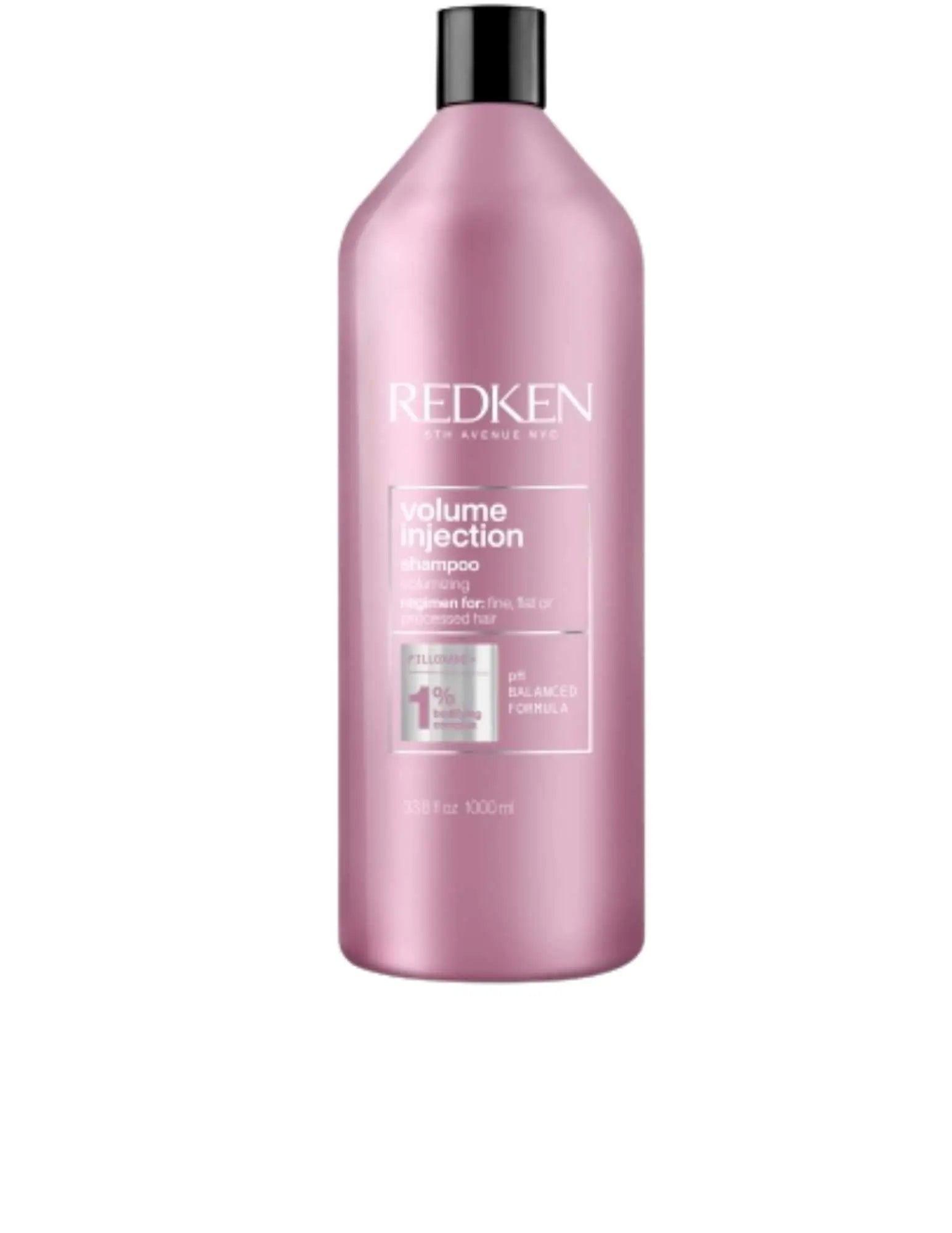 Redken Volume Injection Shampoo 1L bottle for fine hair, adding lift and body to flat hair. Ideal for all hair types.