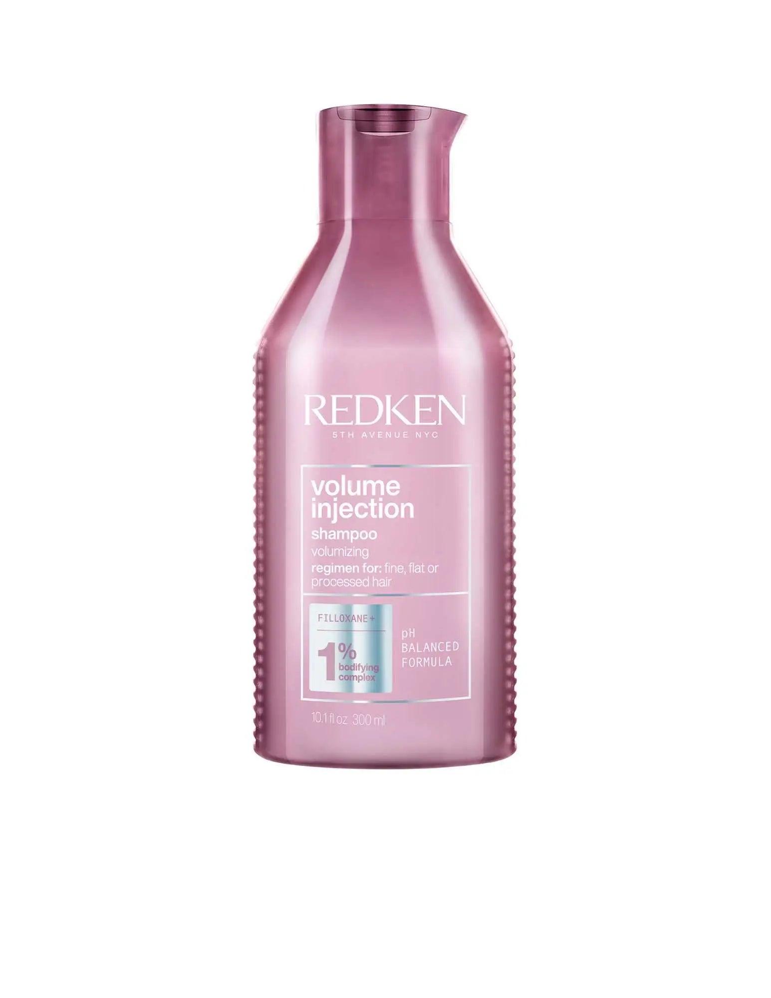 Redken Volume Injection Shampoo bottle for adding lift and body to fine and flat hair. Suitable for all hair types.