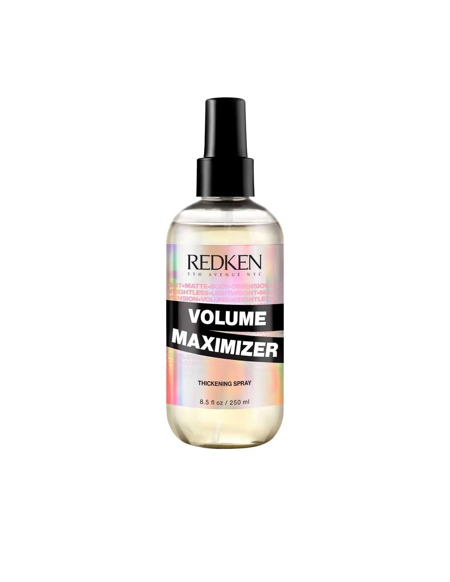 Redken Volume Maximizer thickening spray bottle designed for enhancing hair volume and fullness.
