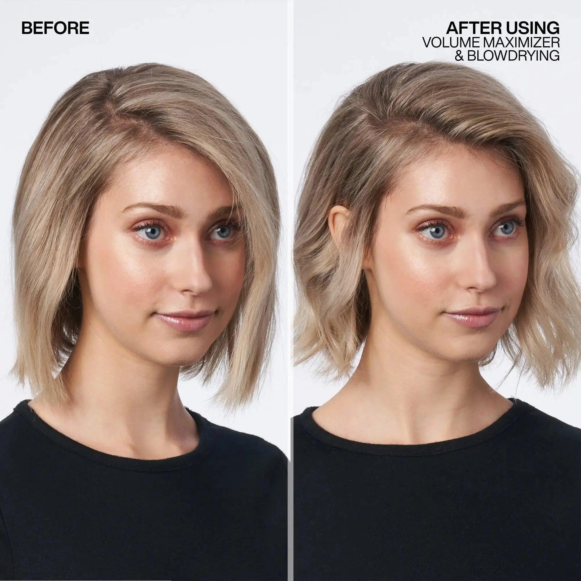 Before and after image showcasing the volume improvement with Redken Volume Maximizer on a woman's hairstyle.