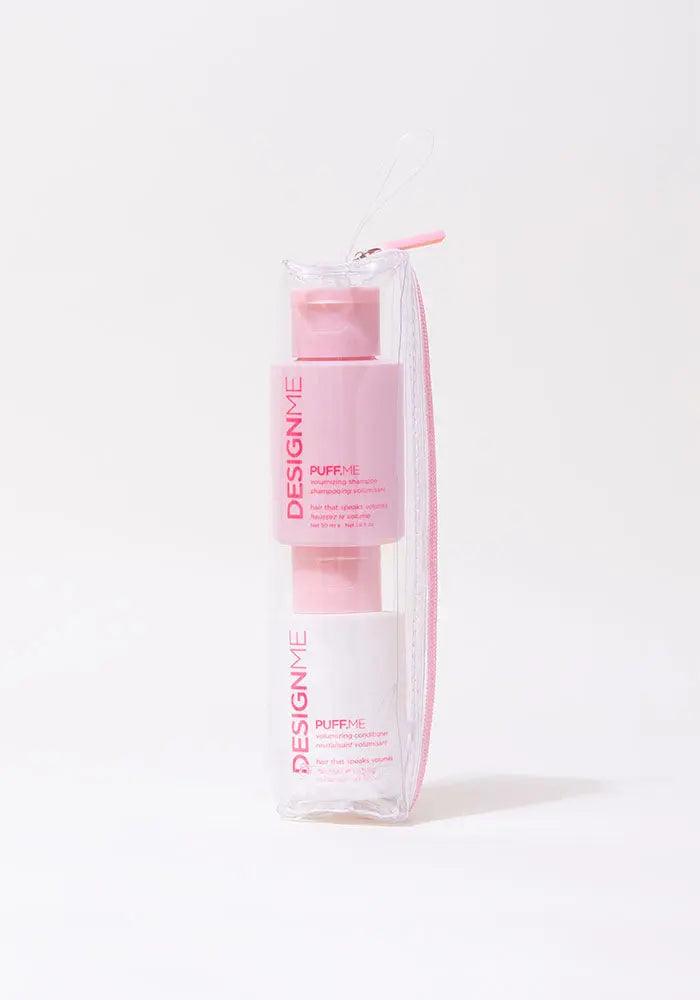 Travel-size PUFF.ME volumizing shampoo and conditioner set in a clear pouch, perfect for great hair days.