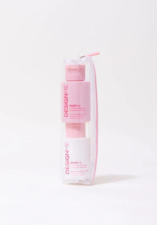 Travel-size PUFF.ME volumizing shampoo and conditioner set in a clear pouch, perfect for great hair days.