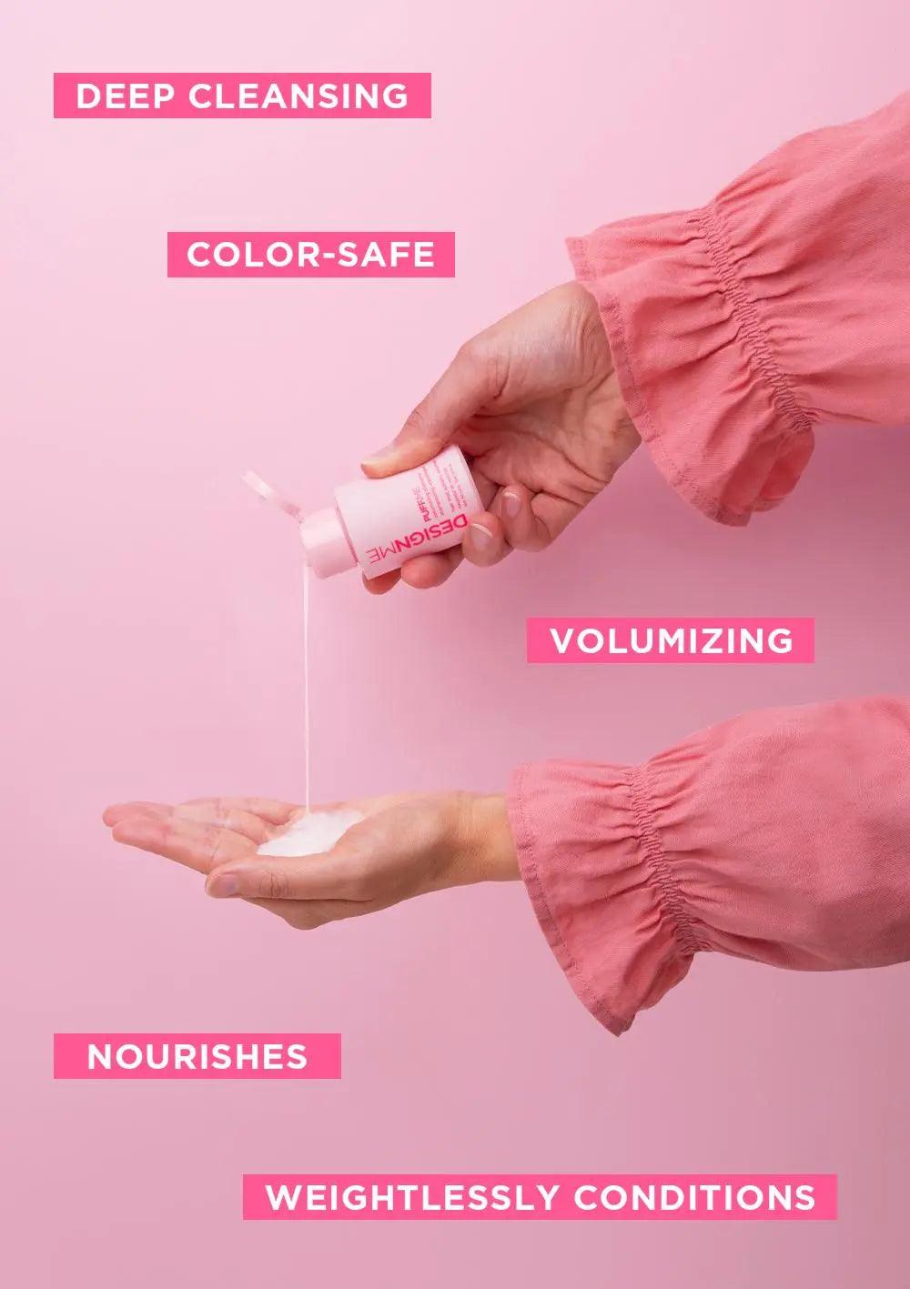 Hand pouring PUFF.ME volumizing shampoo onto palm highlighting deep cleansing, color-safe, nourishing benefits.