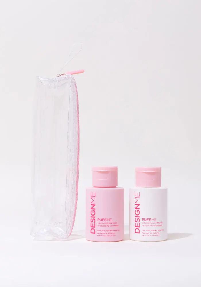 Travel-size PUFF.ME volumizing shampoo and conditioner set in a clear pouch, perfect for great hair days on the go.