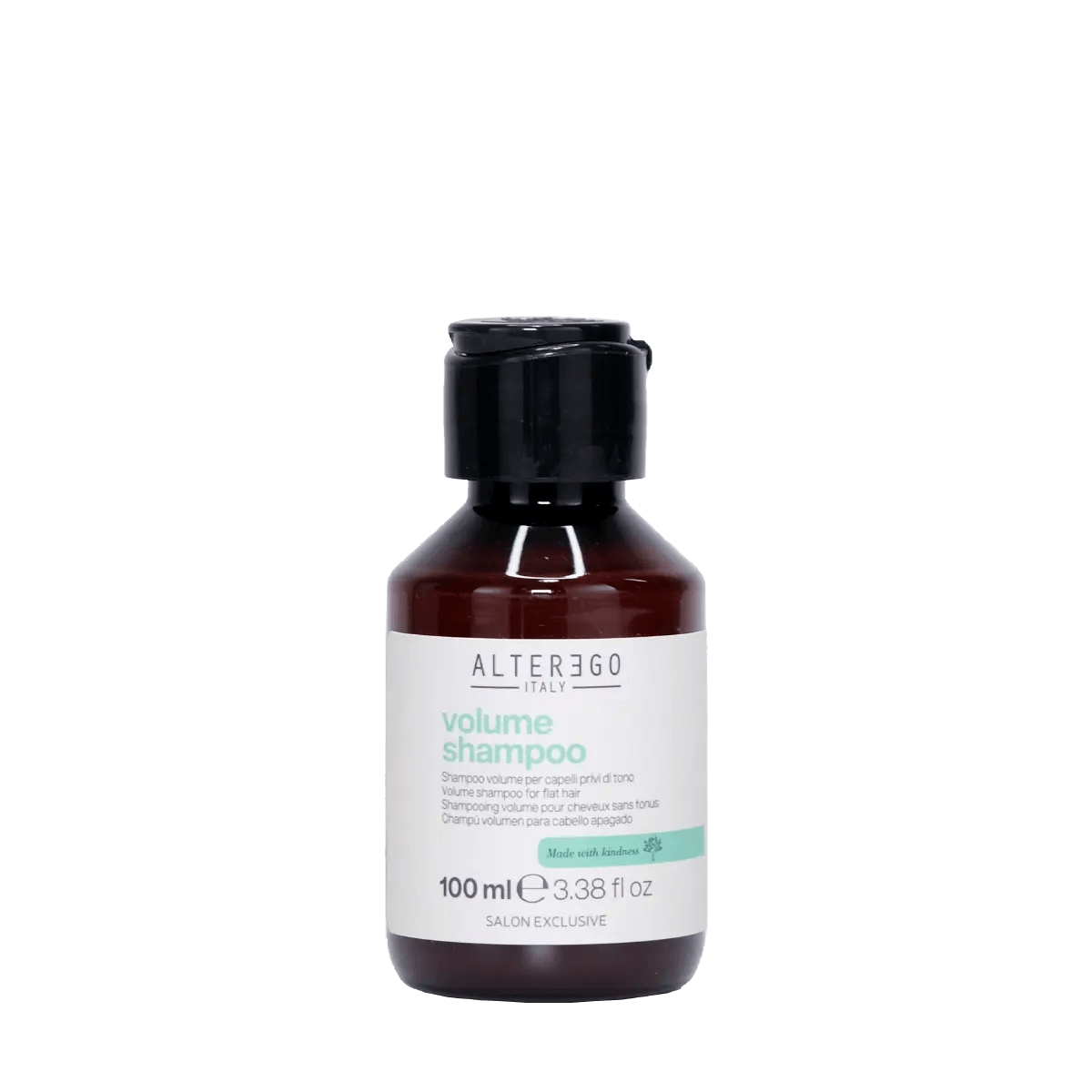 Bottle of Alter Ego Volume Shampoo, 100 ml, designed for fine hair to enhance body and shine without sulfates or parabens.