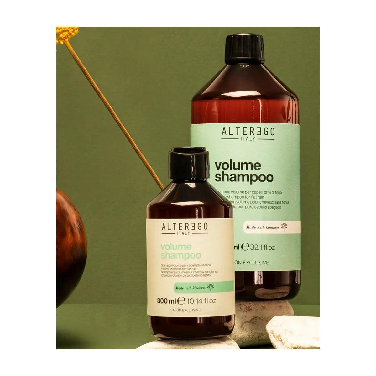 Alter Ego Volume Shampoo bottles, featuring ultra-light cleansing for fine hair, enriched with cotton and bamboo oil.