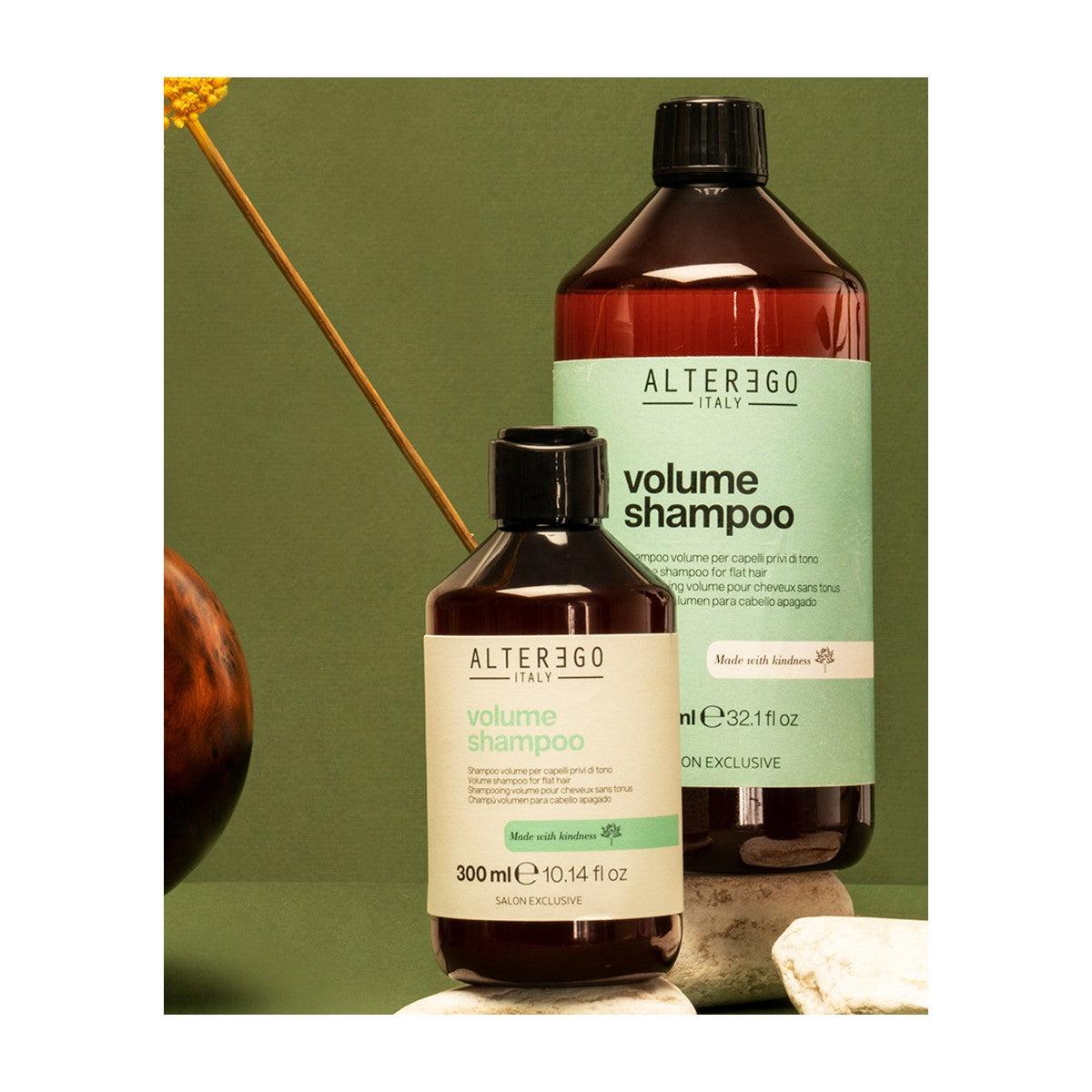 Alter Ego Volume Shampoo bottles, ultra-light formula for fine hair, enriched with cotton and bamboo oil for body and shine.