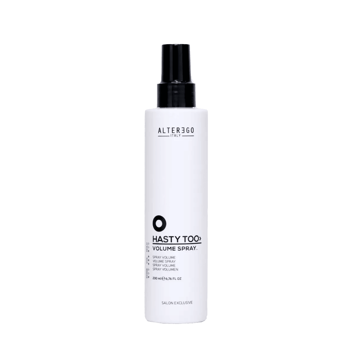 Hasty Too Volume Spray by Alterego, designed for soft volume and big body with low hold power. 200ml salon exclusive.