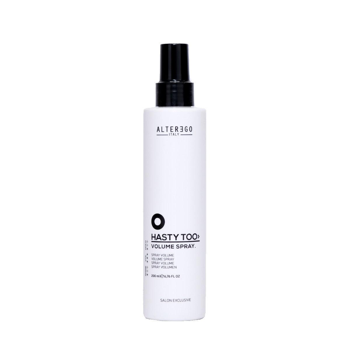 Volume spray bottle by Alterego for soft volume and body, featuring low hold for versatile styling options.