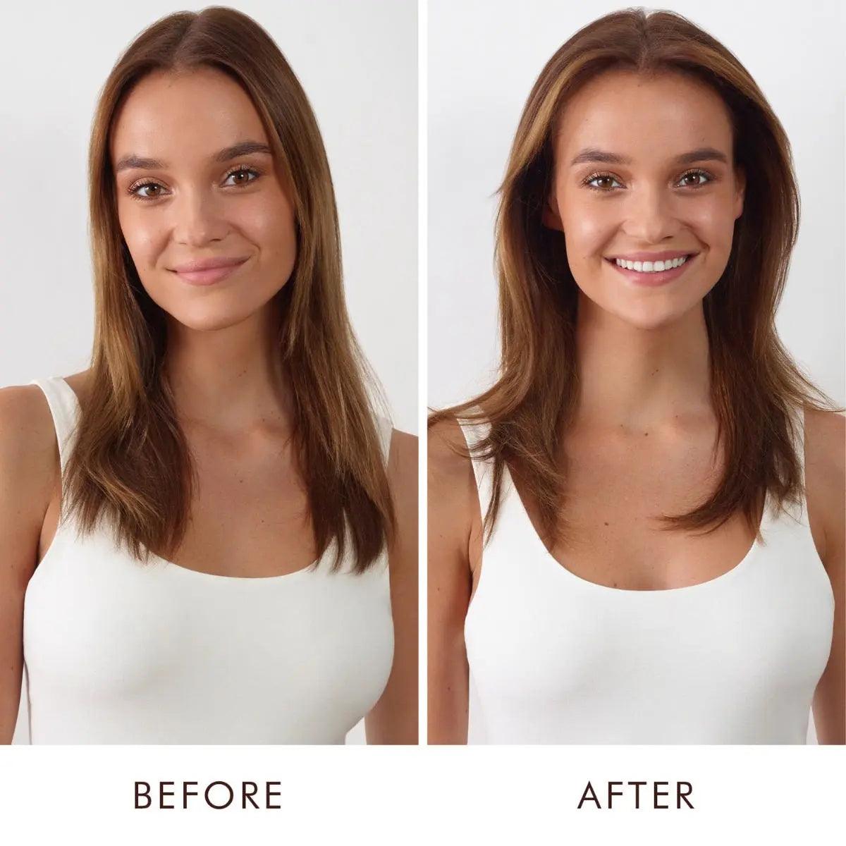 Before and after image showing the transformation of fine hair with volumizing mist for fuller, bouncier texture.